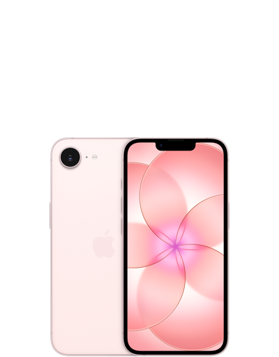 iPhone 17e, back exterior, soft pink color, Fusion camera system, Apple logo in center, front exterior, all screen design, notch with TrueDepth camera, thin black display border, rounded corners, straight sides