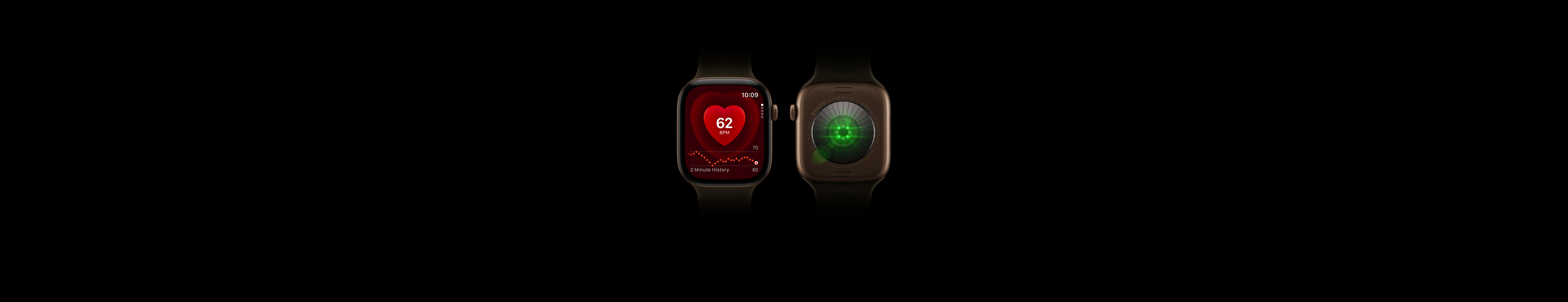 Two Apple Watch Series 12 devices, aluminum case, dark bronze color, olive Sport Band, one showing front of watch with Heart Rate app, one showing back of watch with Health Sensing System with glowing green LED lights