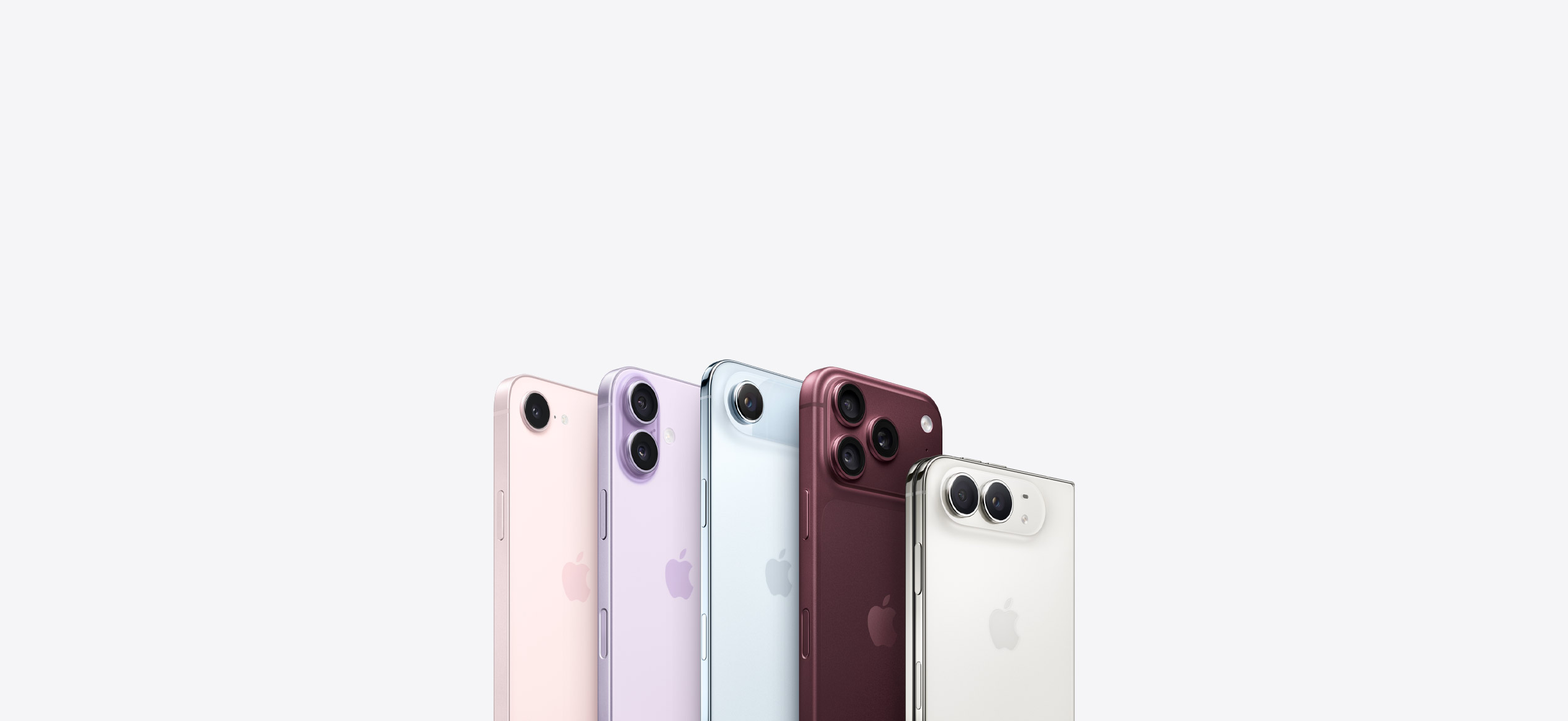 iPhone models: iPhone 17e, soft pink color, iPhone 17, lavender color, iPhone Air, sky blue color, iPhone 18 Pro, burgundy color (dark red), iPhone Duo, folded, star white color