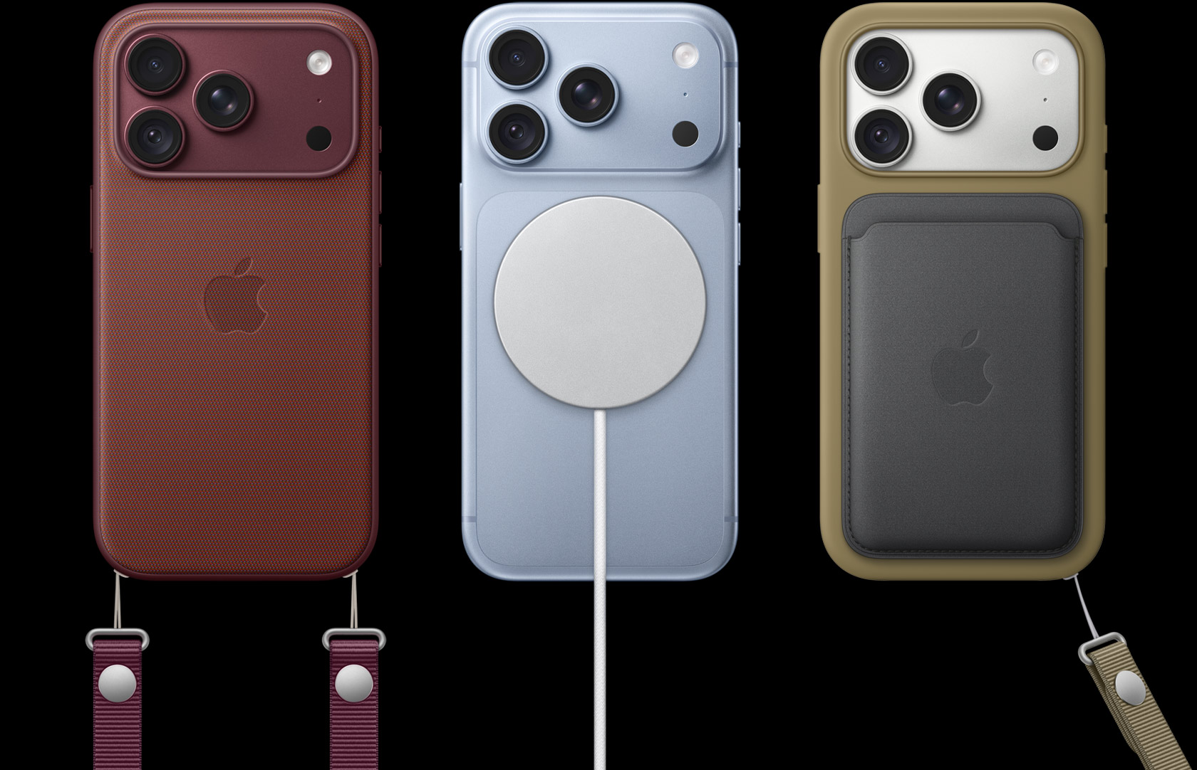 From left to right, iPhone 18 Pro in Burgundy leather case with Burgundy Crossbody strap, middle iPhone 18 Pro in Glacier with White MagSafe charger attached, right iPhone 18 Pro in Silver in green phone case, black leather wallet case with wrist strap.