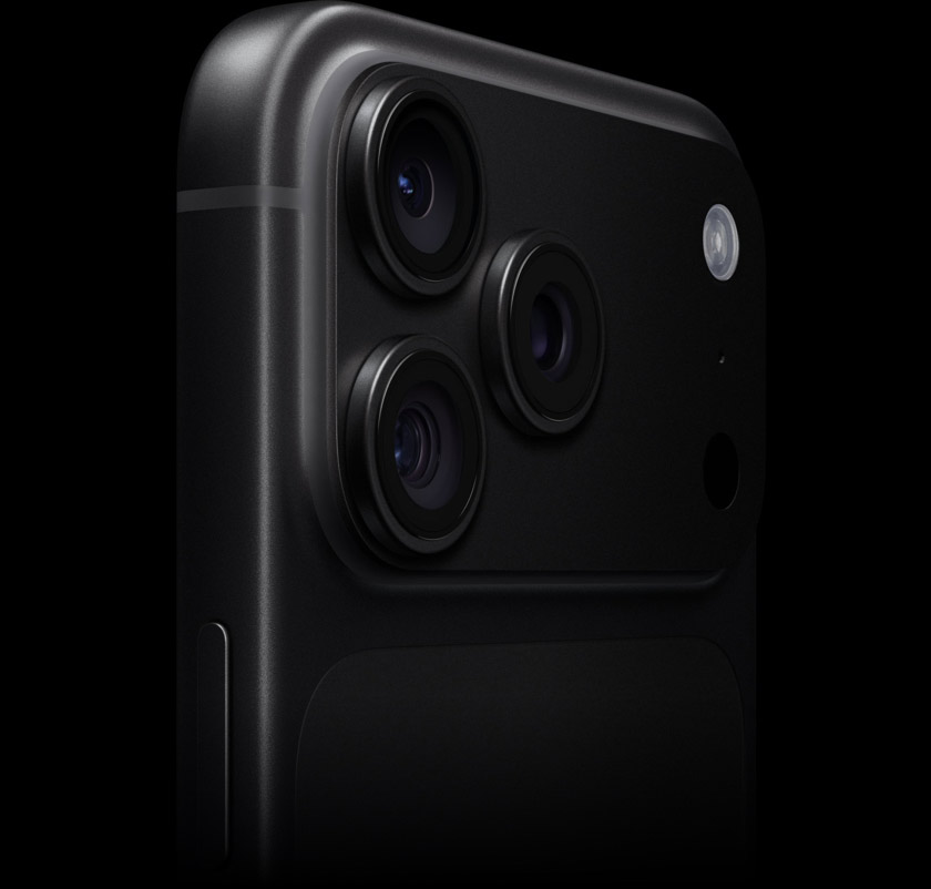 iPhone 18 Pro in Black, angled, partial rear exterior, focus on the Pro Fusion camera system