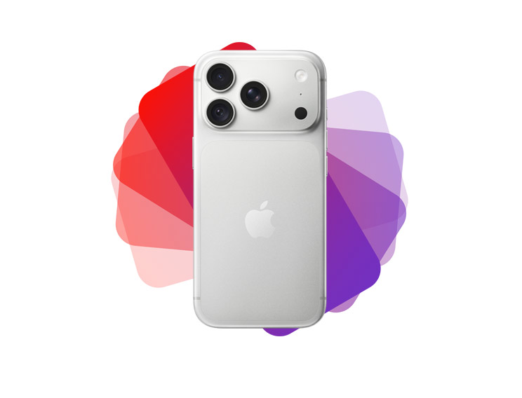iPhone 17 Pro, Silver color, back exterior, 48MP Pro Fusion camera system, Apple logo in center, phone model overlaid on Apple Upgrade rosette in purple and red