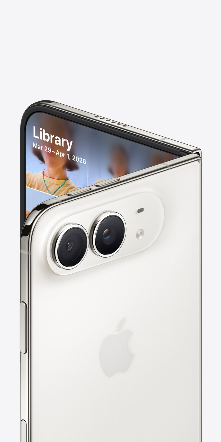 iPhone Duo, Star White color, complete back exterior, Apple logo in center, 48MP Dual Fusion camera system, partial front interior, photo library displayed on screen