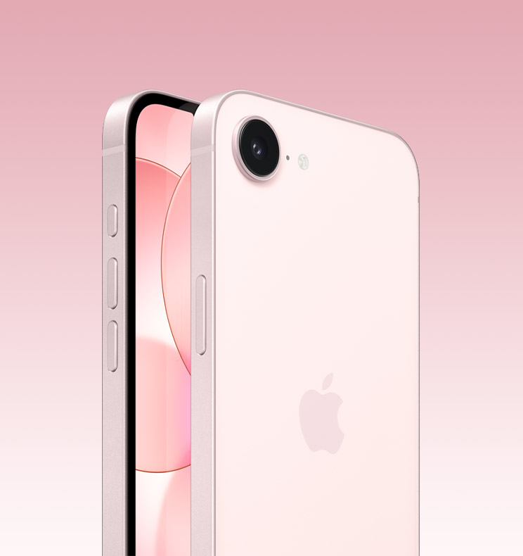 Front and back of iPhone 17e in soft pink, partial front screen, full back with Apple logo and single camera, side shows Action, volume and side buttons.
