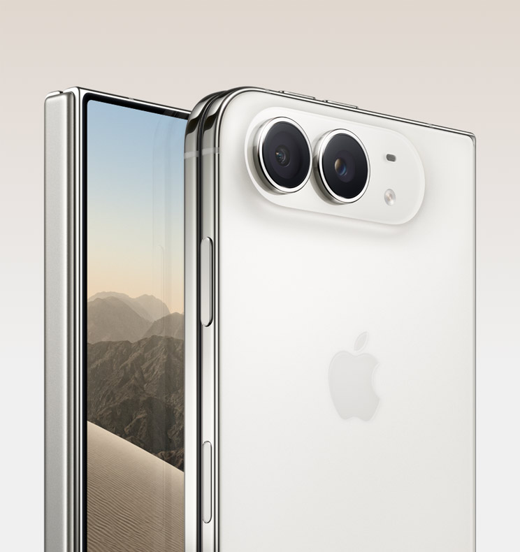 iPhone Duo, Star White color, angled to the left, inner display with display screen showing an image of a dessert, iPhone Duo, Star White color, angled to the left, closed, back exterior, 48MP Dual Fusion rear cameras in top corner, two lenses, microphone, flash